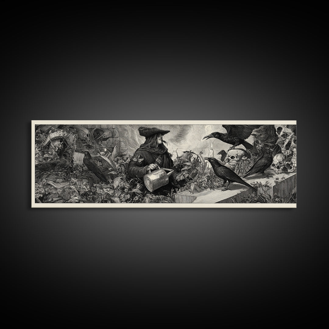 The Graveyard Gardener, Renaissance Engraving Art, Extra Wide Wall Art, Gothic Horror Wall Art, Canvas Print, Halloween Wall Art
