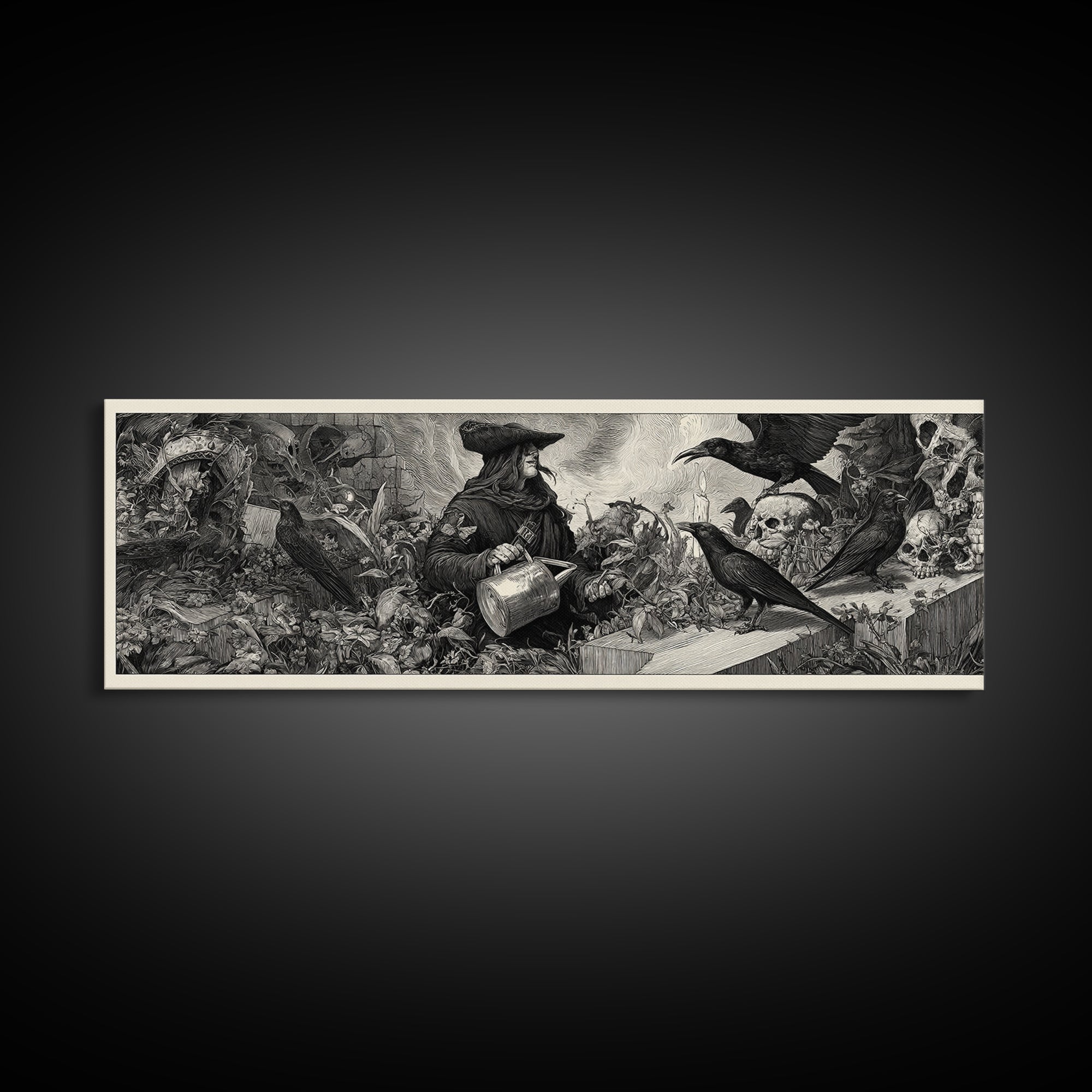 The Graveyard Gardener, Renaissance Engraving Art, Extra Wide Wall Art, Gothic Horror Wall Art, Canvas Print, Halloween Wall Art