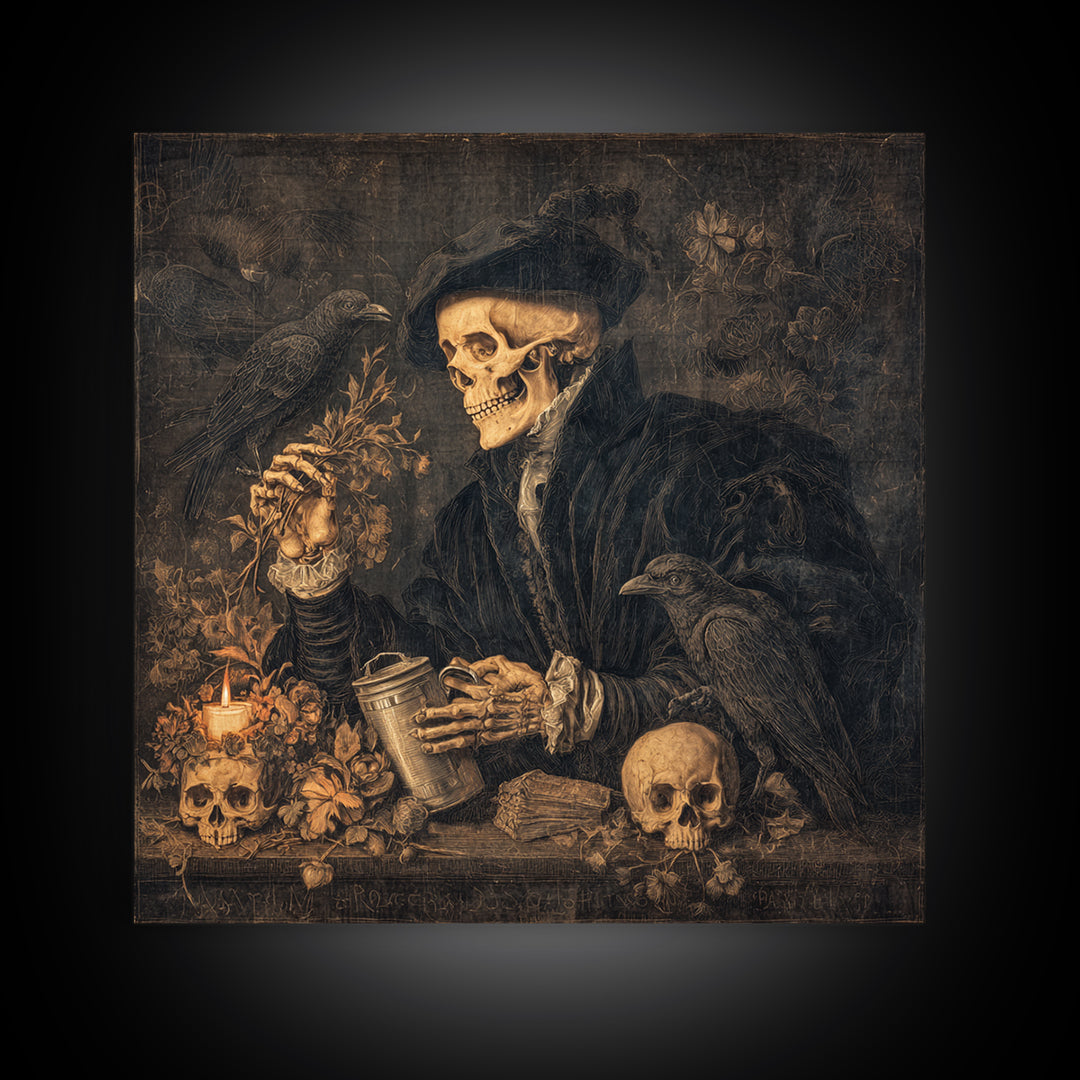 The Graveyard Gardener, Danse Macabre Art, Square Wall Art, Macabre Wall Art, Canvas Print, Halloween Wall Art