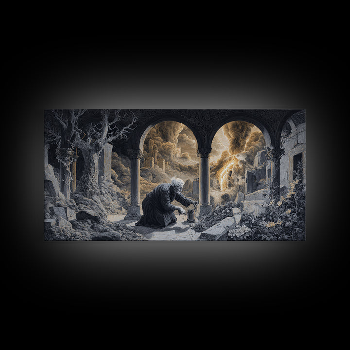 The Graveyard Gardener, Apocalyptic Romantic Art, Wide Panoramic Art, Dark Fantasy Wall Art, Framed Canvas Print, Halloween Wall Art