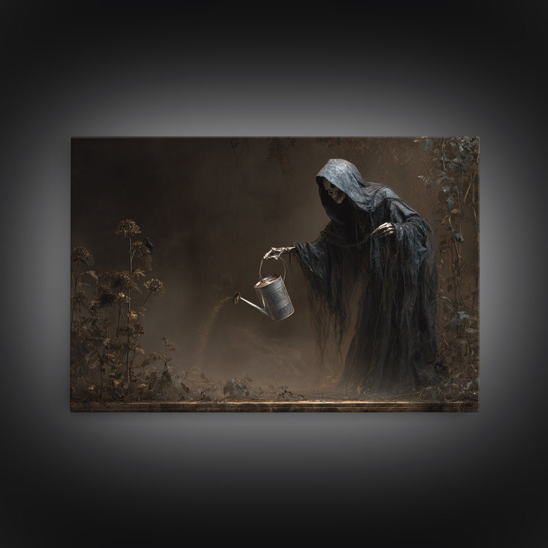 The Graveyard Gardener, Symbolist Gothic Landscape, Landscape Wall Art, Dark Halloween Decor, Framed Canvas Print, Halloween Wall Art