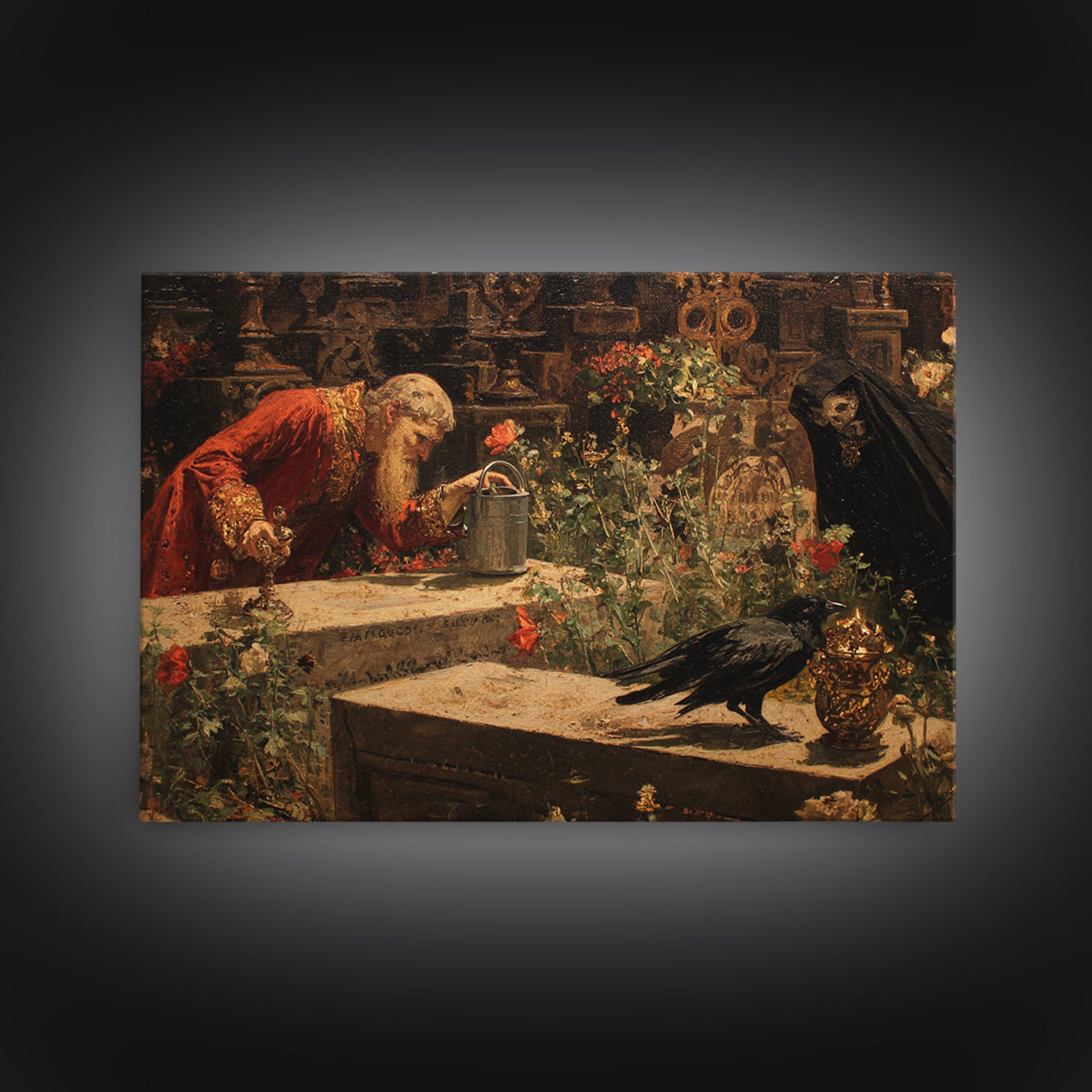 The Graveyard Gardener, Ornate Symbolist Art, Landscape Wall Art, Macabre Wall Art, Framed Canvas Print, Halloween Wall Art
