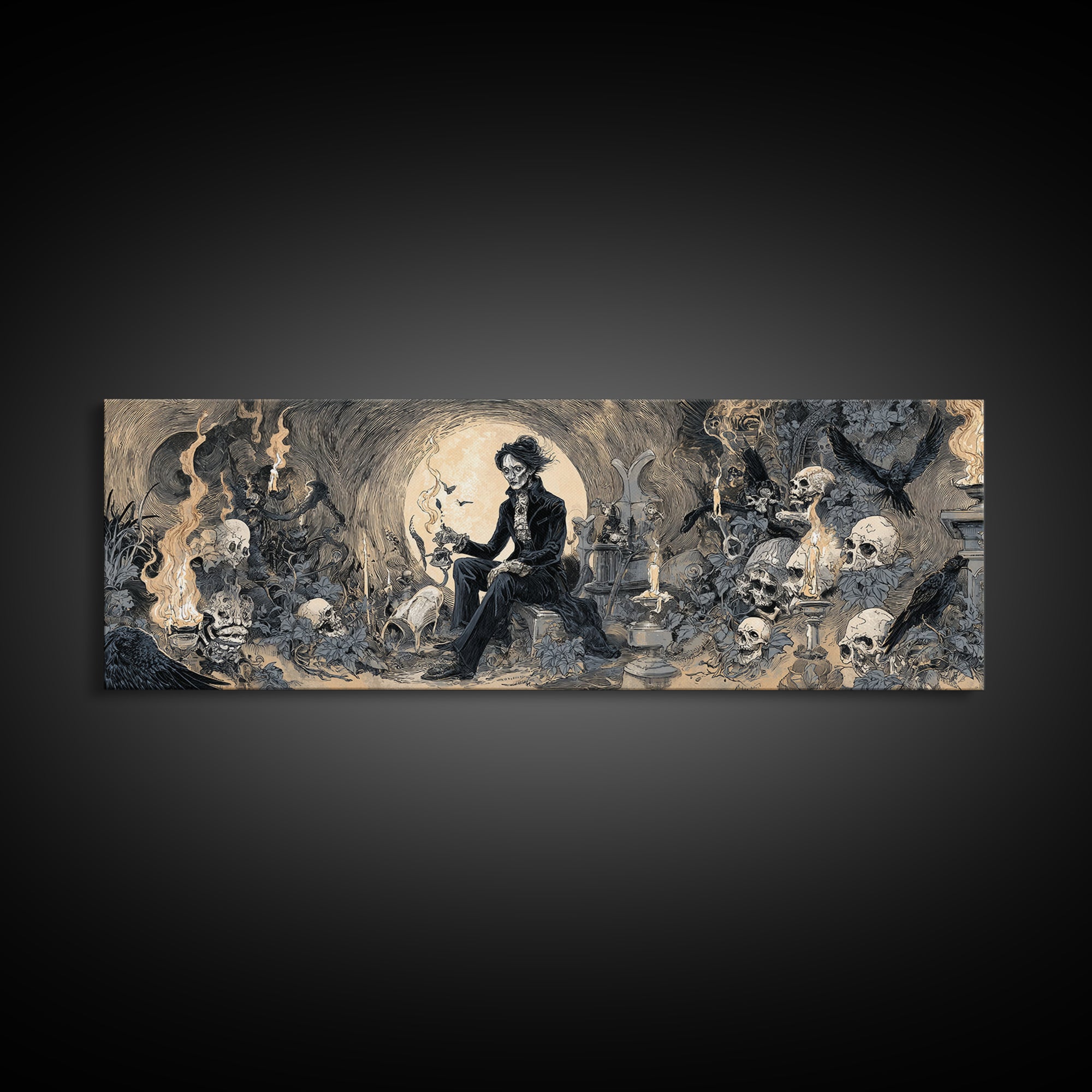 The Graveyard Gardener, Decadent Gothic Art, Extra Wide Wall Art, Dark Halloween Decor, Framed Canvas Print, Halloween Wall Art