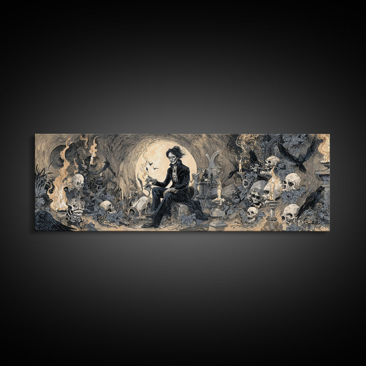 The Graveyard Gardener, Decadent Gothic Art, Extra Wide Wall Art, Dark Halloween Decor, Framed Canvas Print, Halloween Wall Art