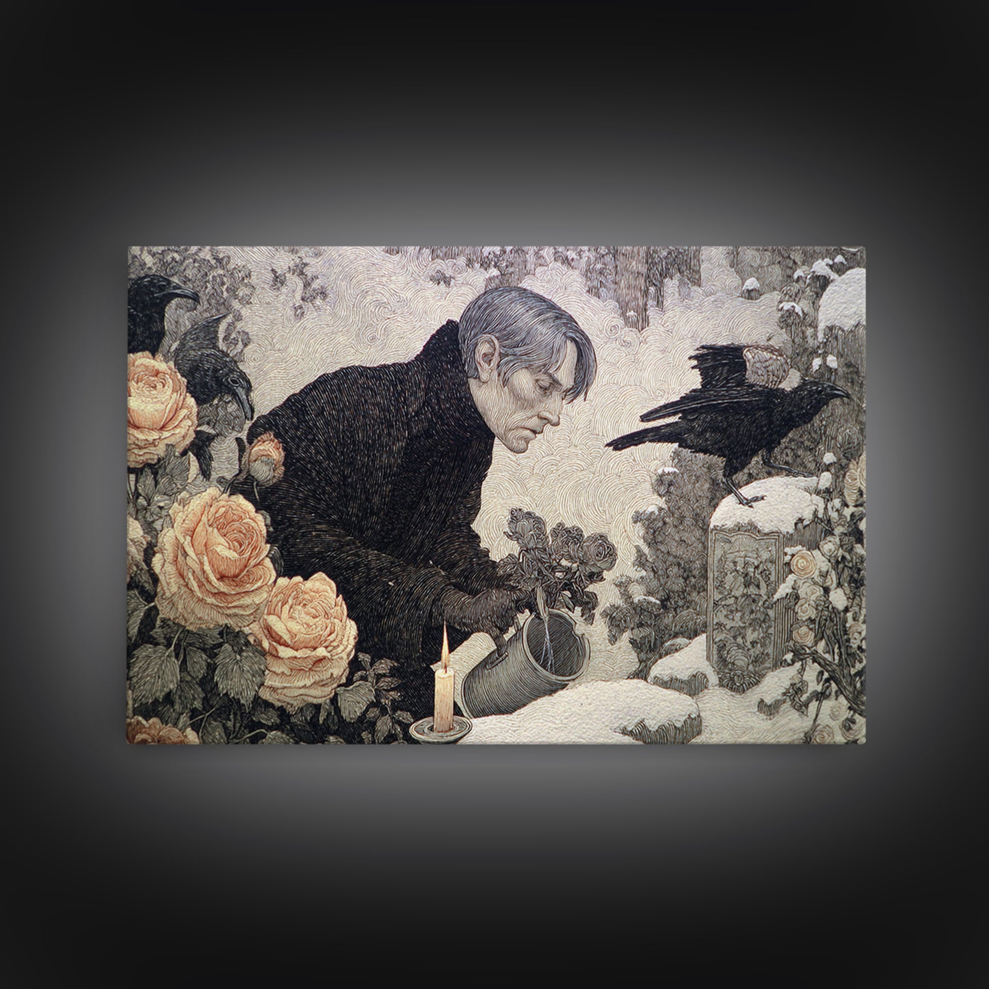 The Graveyard Gardener, Symbolist Death Art, Landscape Wall Art, Macabre Wall Art, Canvas Print, Halloween Wall Art