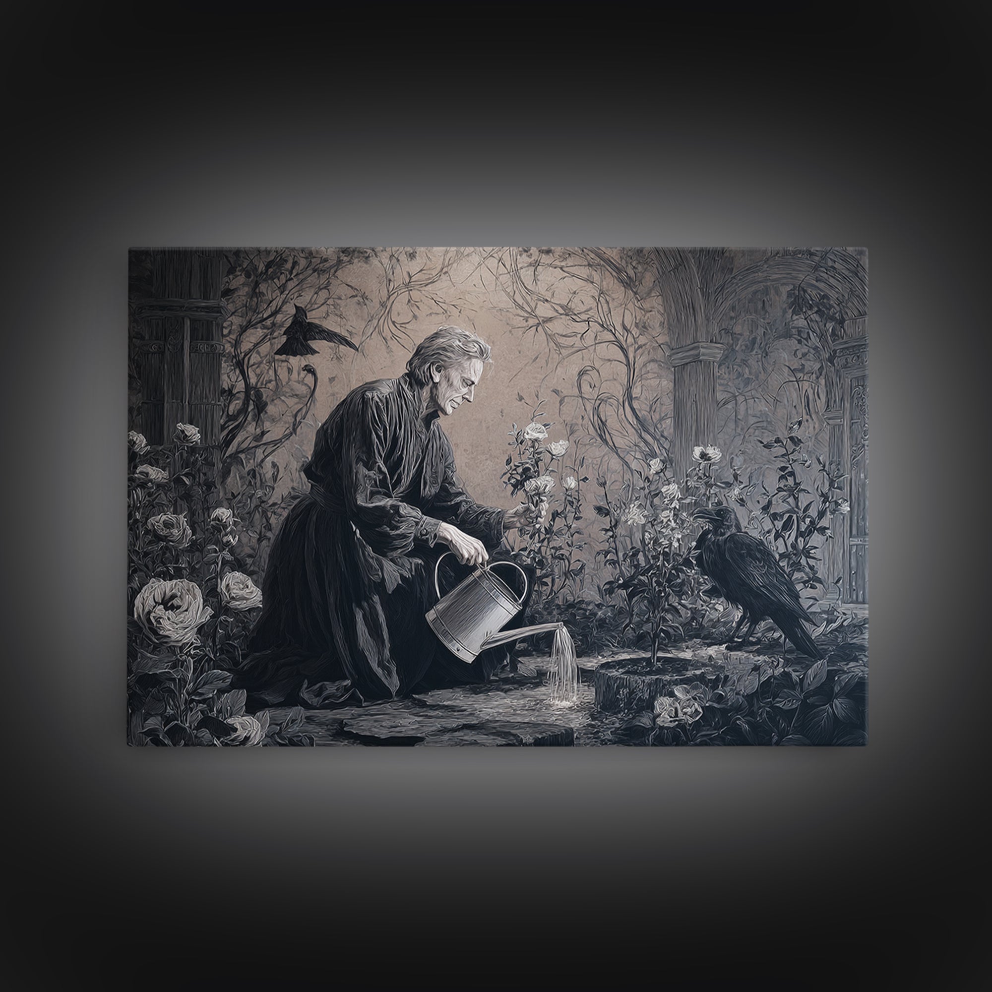The Graveyard Gardener, Dark Symbolist Art, Landscape Wall Art, Dark Fantasy Wall Art, Framed Canvas Print, Halloween Wall Art