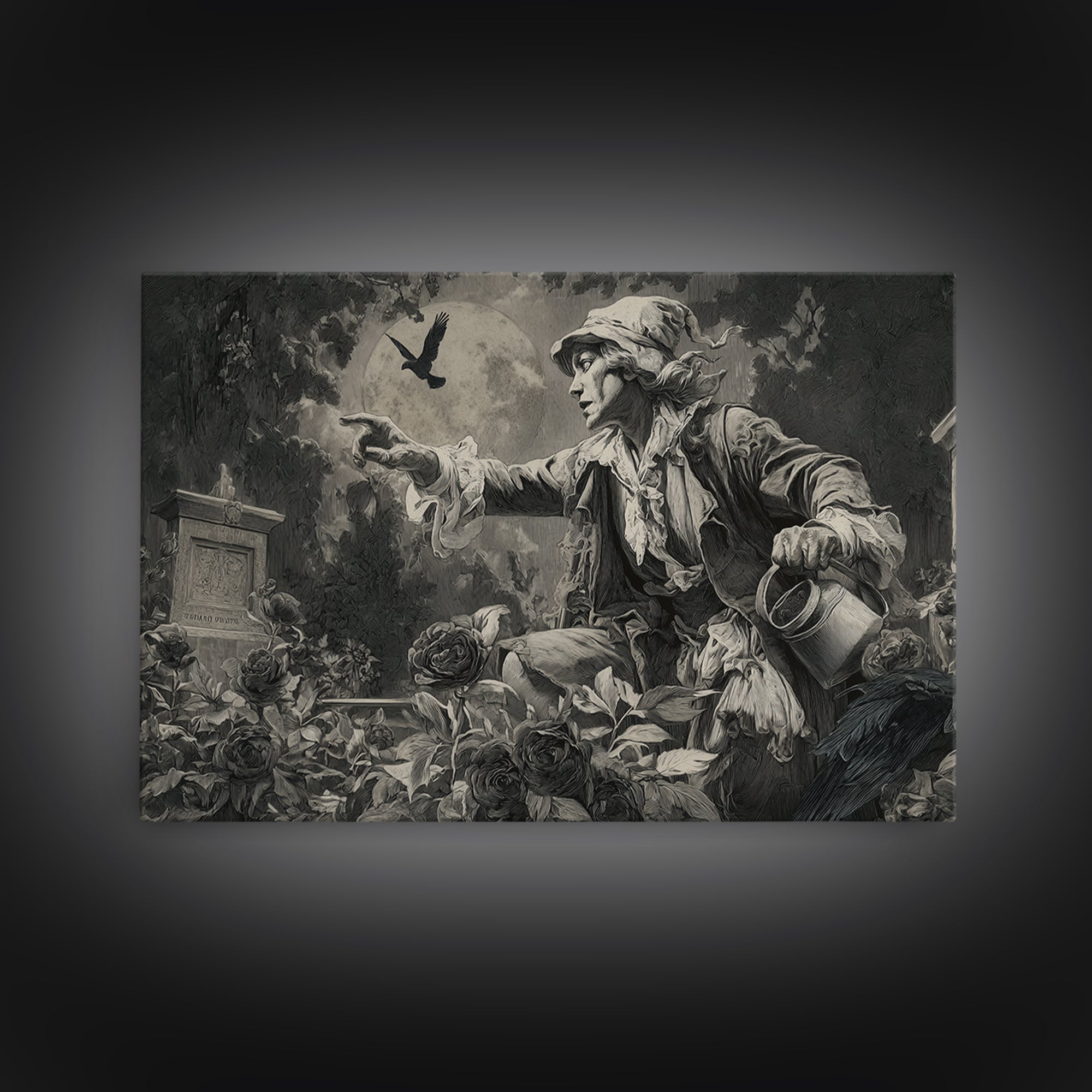 The Graveyard Gardener, Symbolist Etching Art, Landscape Wall Art, Dark Halloween Decor, Canvas Print, Halloween Wall Art