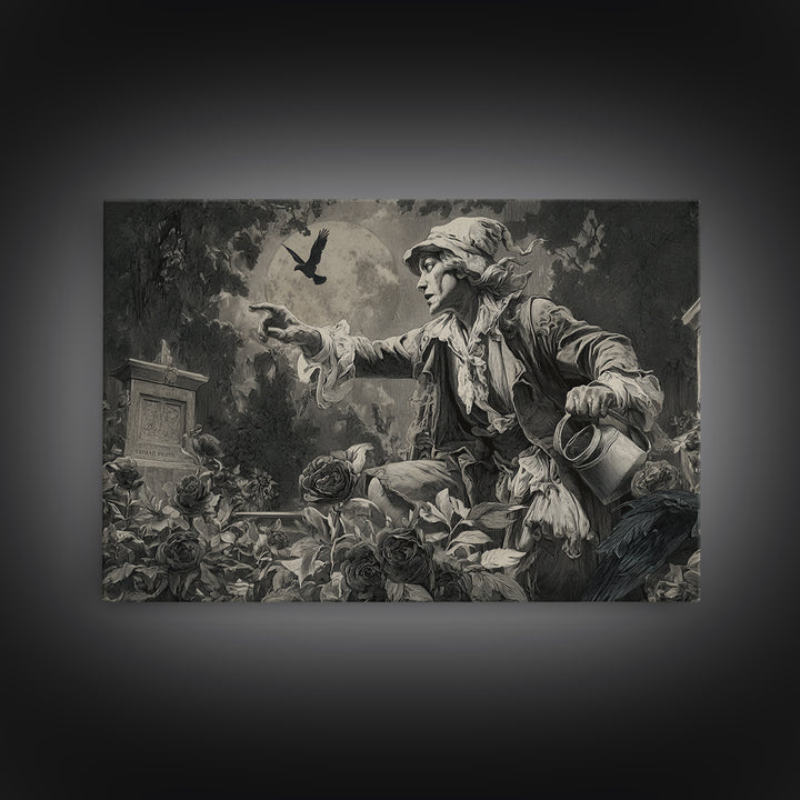 The Graveyard Gardener, Symbolist Etching Art, Landscape Wall Art, Dark Halloween Decor, Canvas Print, Halloween Wall Art
