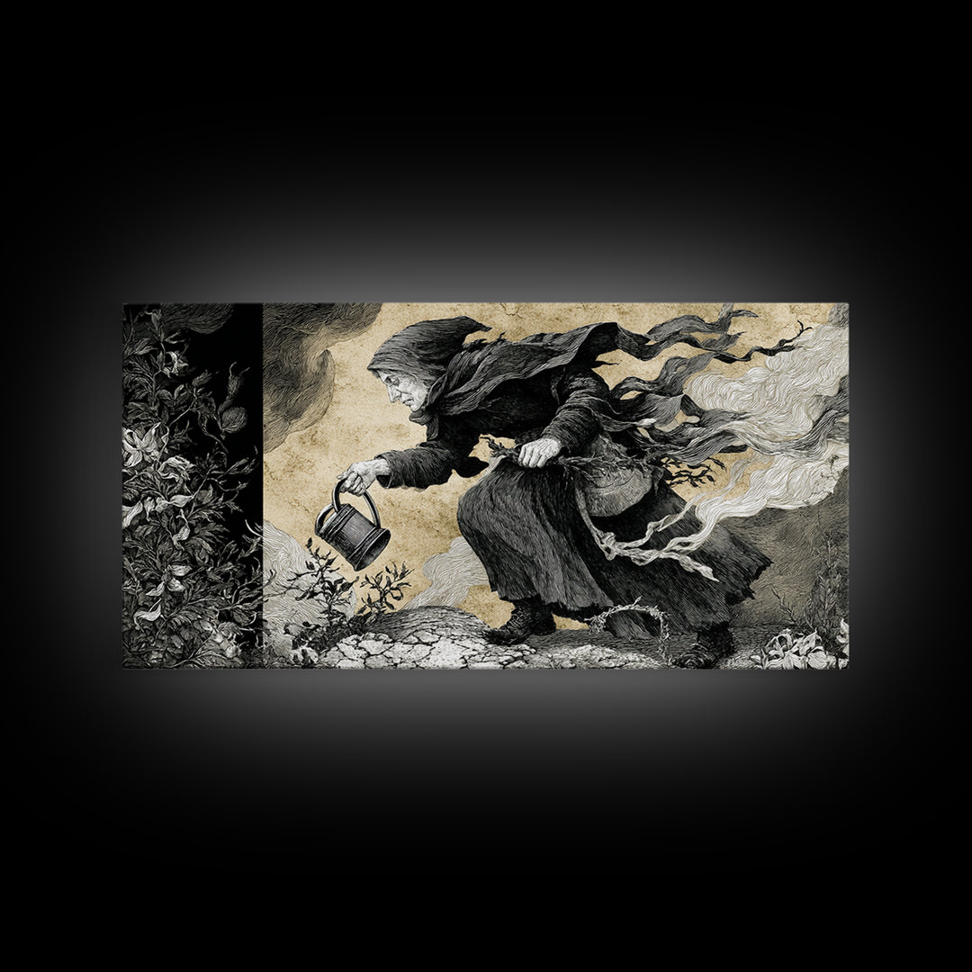 The Graveyard Gardener, Expressionist Nightmare Art, Wide Panoramic Art, Dark Fantasy Wall Art, Framed Canvas Print, Halloween Wall Art