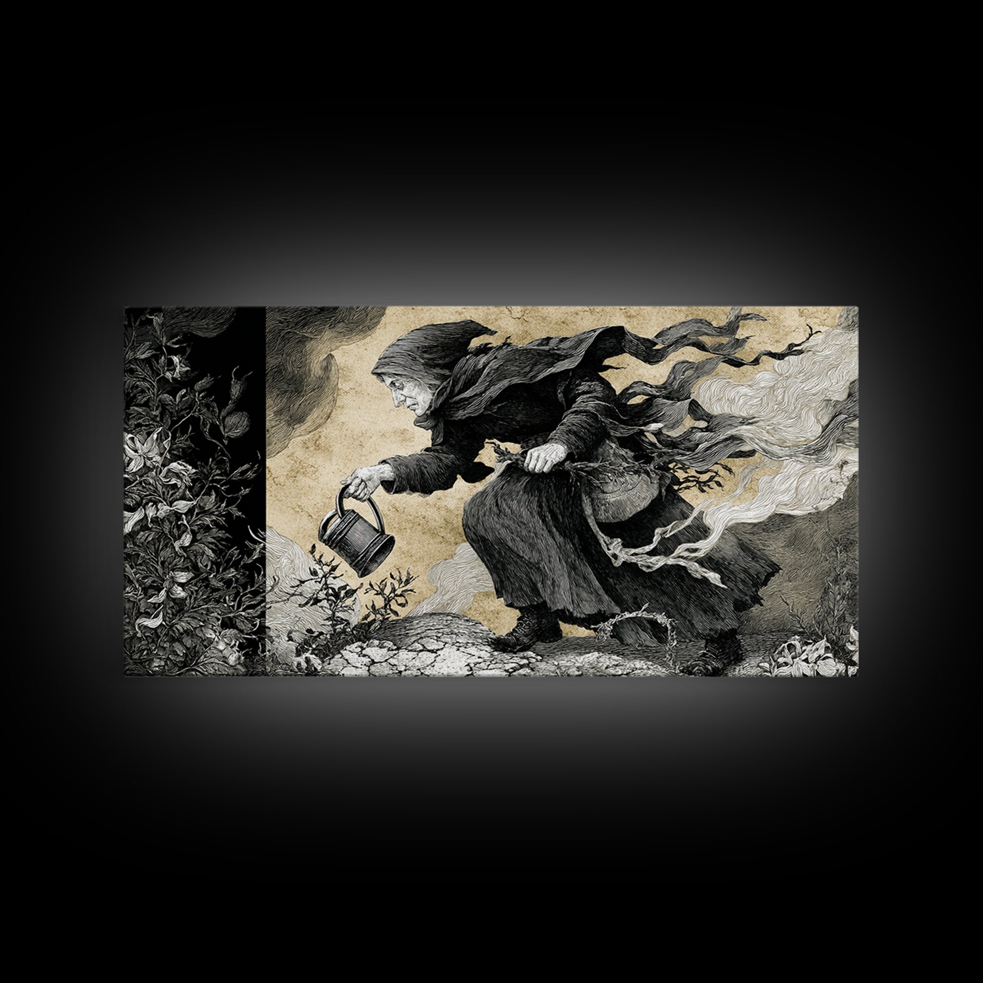 The Graveyard Gardener, Expressionist Nightmare Art, Wide Panoramic Art, Dark Fantasy Wall Art, Framed Canvas Print, Halloween Wall Art