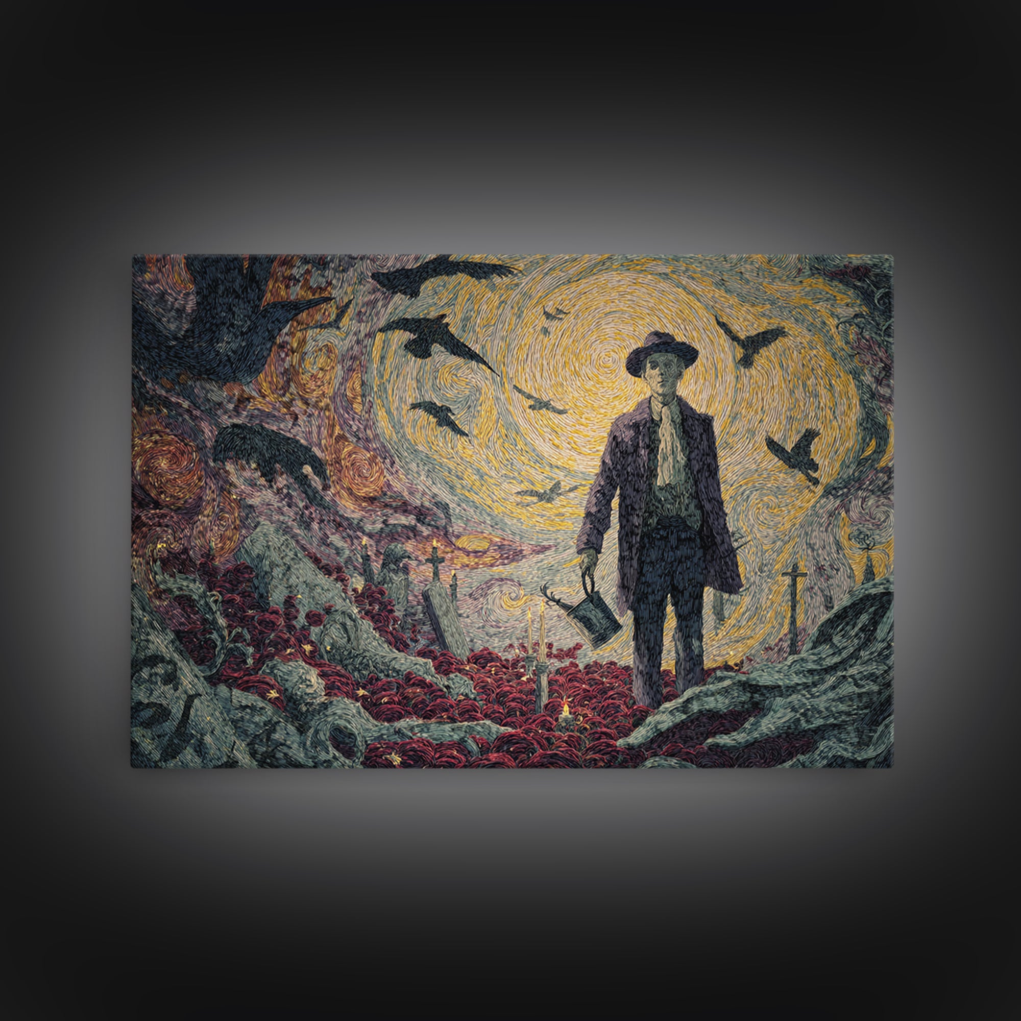 The Graveyard Gardener, Expressionist Gothic Art, Landscape Wall Art, Gothic Horror Wall Art, Framed Canvas Print, Halloween Wall Art