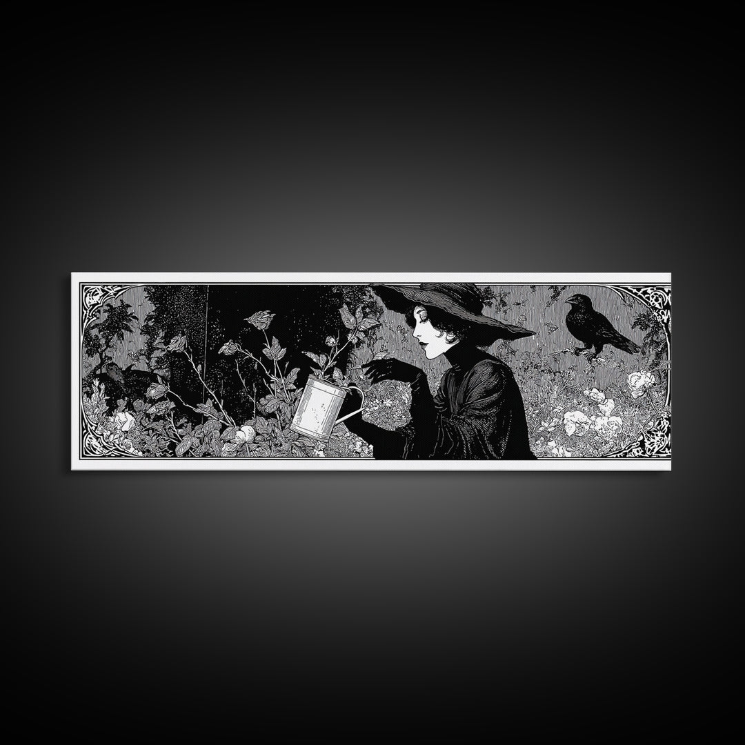 The Graveyard Gardener, Decadent Line Art, Extra Wide Wall Art, Gothic Horror Wall Art, Framed Canvas Print, Halloween Wall Art