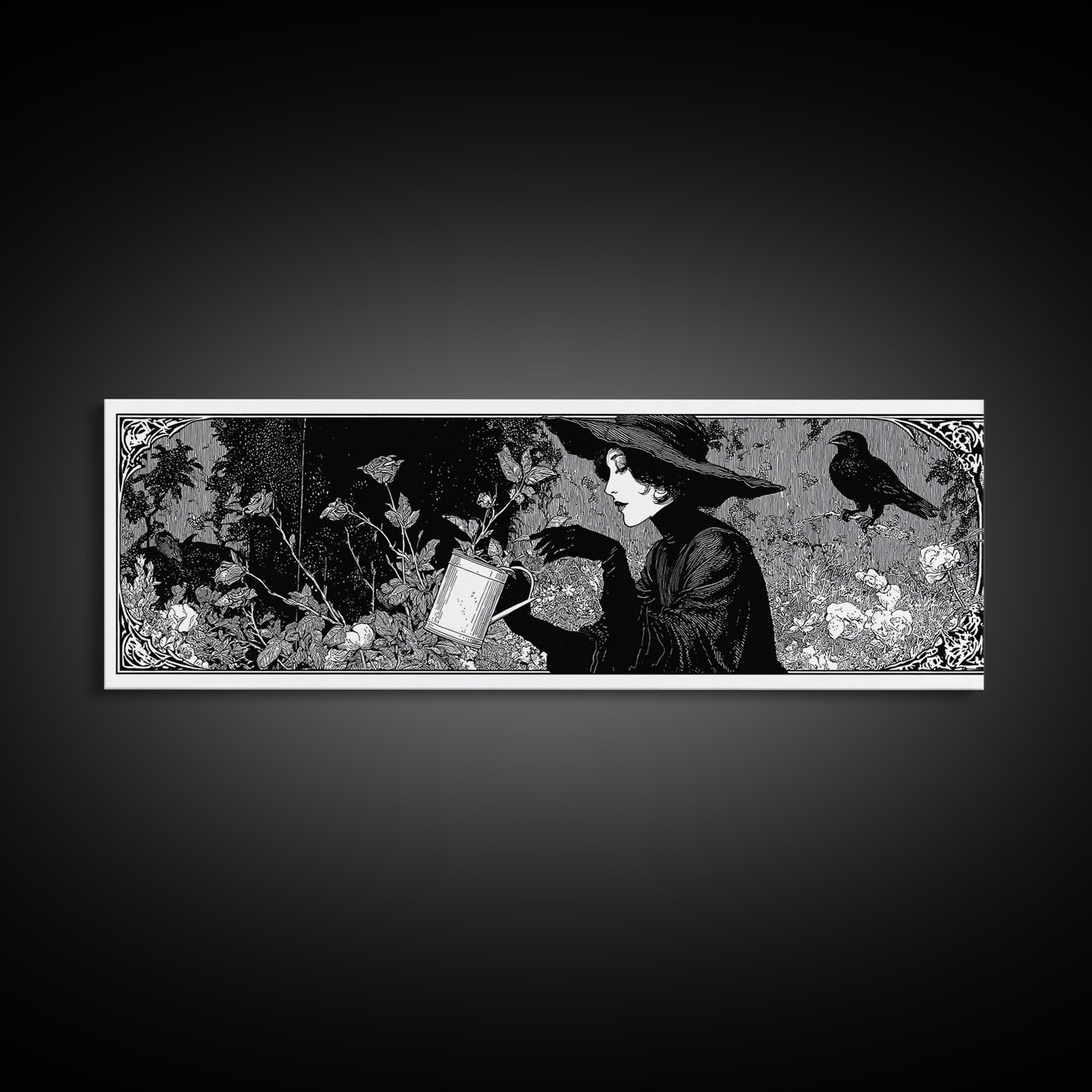 The Graveyard Gardener, Decadent Line Art, Extra Wide Wall Art, Gothic Horror Wall Art, Framed Canvas Print, Halloween Wall Art
