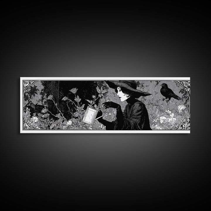The Graveyard Gardener, Decadent Line Art, Extra Wide Wall Art, Gothic Horror Wall Art, Framed Canvas Print, Halloween Wall Art