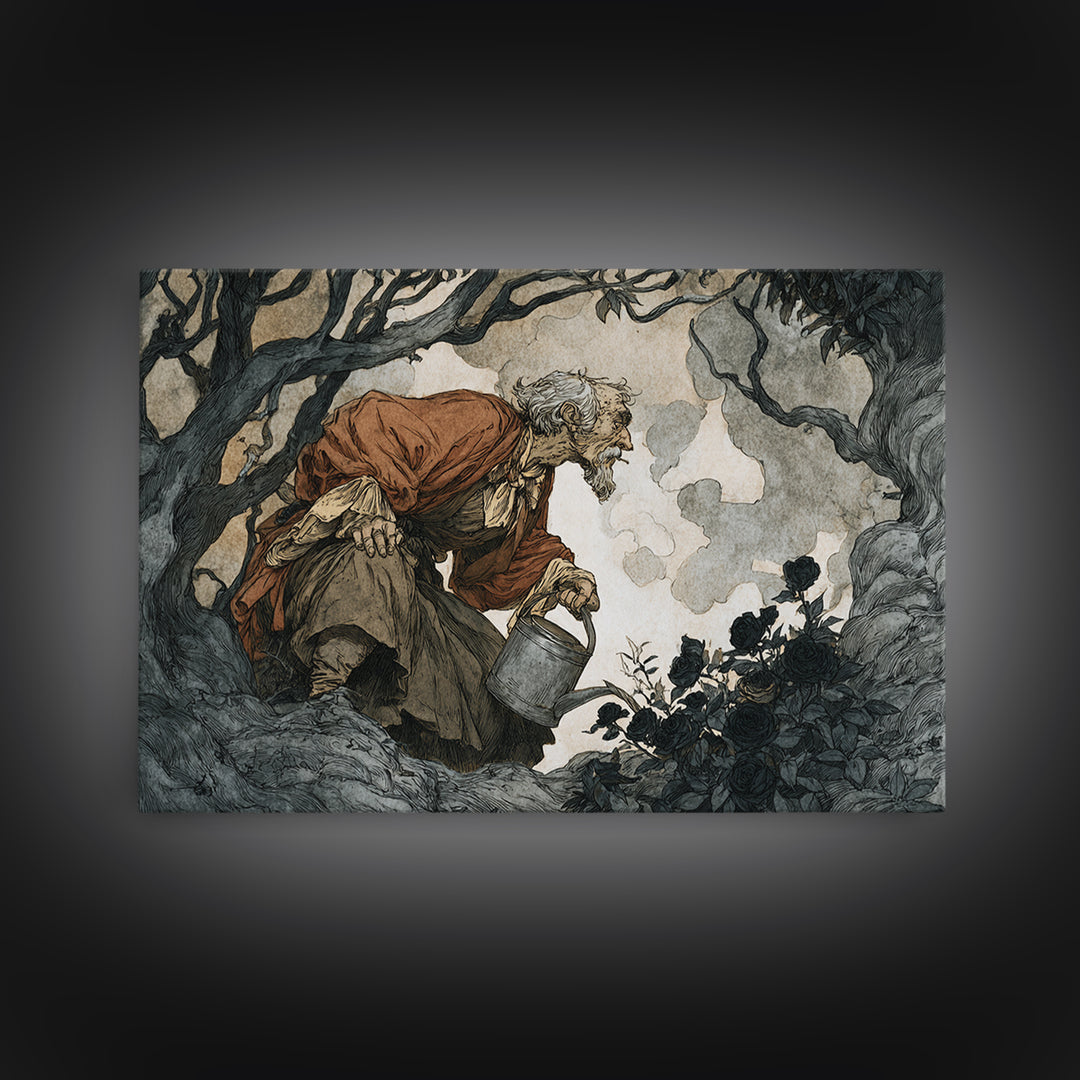 The Graveyard Gardener, Gothic Storybook Art, Landscape Wall Art, Dark Fantasy Wall Art, Canvas Print, Halloween Wall Art