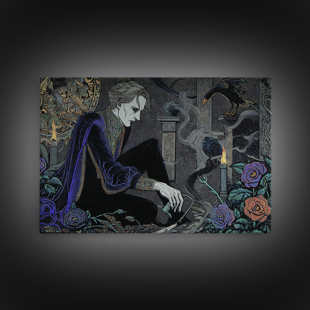 The Graveyard Gardener, Stained Glass Gothic Art, Landscape Wall Art, Macabre Wall Art, Framed Canvas Print, Halloween Wall Art