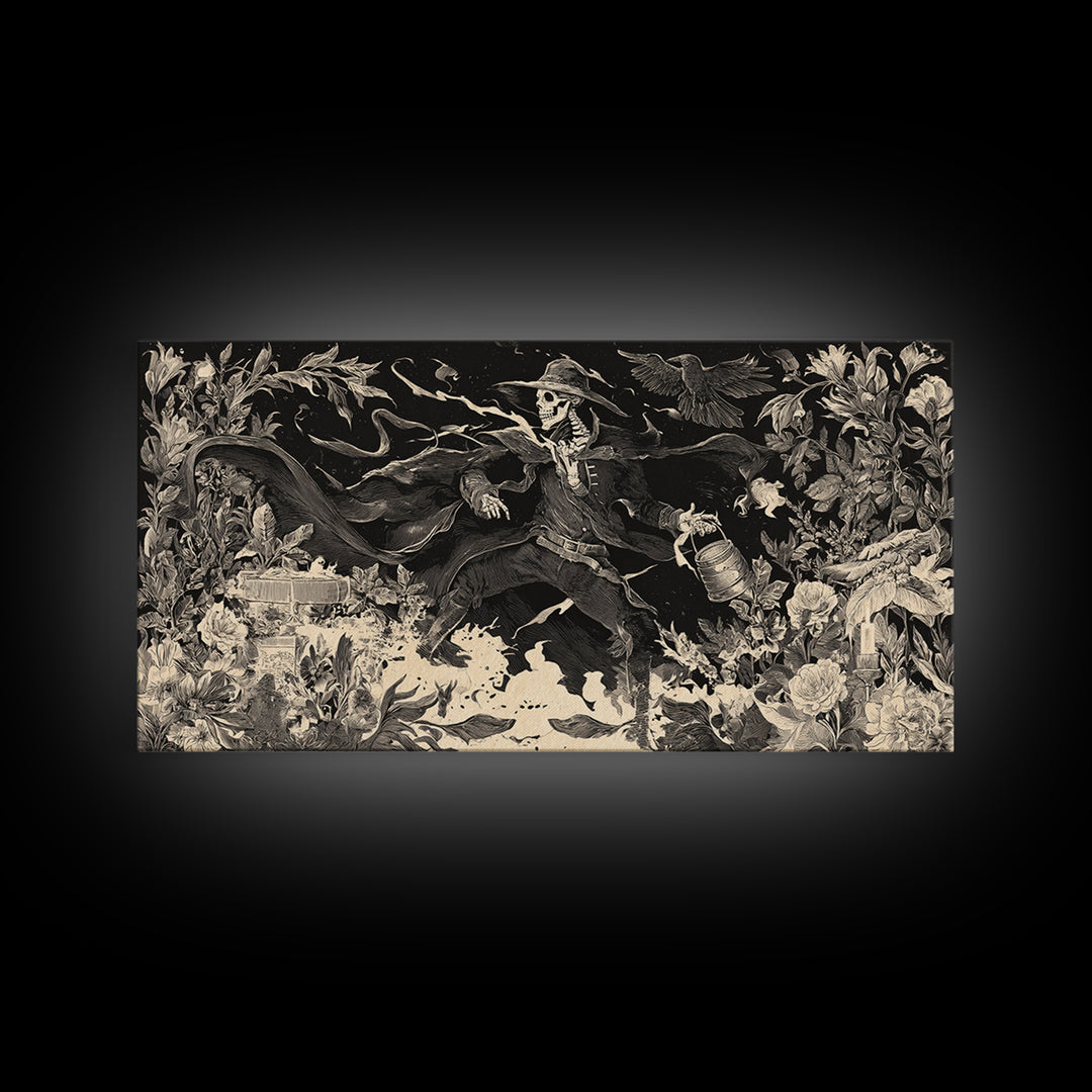 The Graveyard Gardener, Macabre Folk Print Art, Wide Panoramic Art, Macabre Wall Art, Framed Canvas Print, Halloween Wall Art