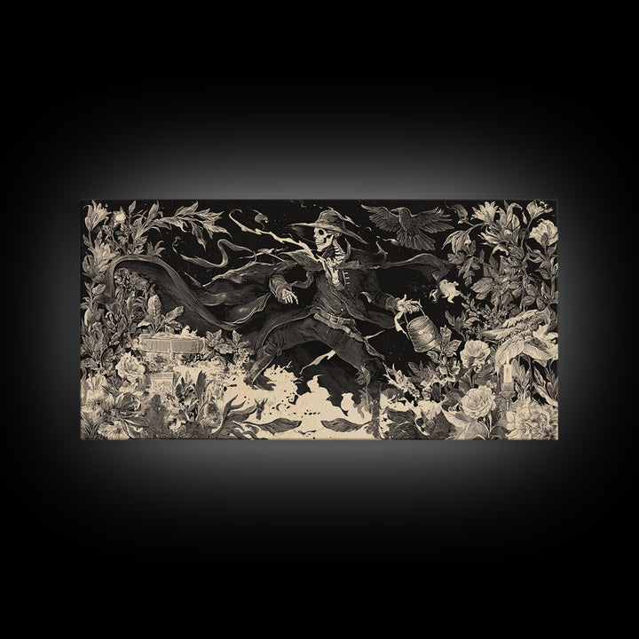 The Graveyard Gardener, Macabre Folk Print Art, Wide Panoramic Art, Macabre Wall Art, Framed Canvas Print, Halloween Wall Art