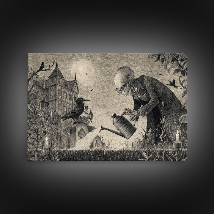 The Graveyard Gardener, Victorian Macabre Art, Landscape Wall Art, Dark Halloween Decor, Framed Canvas Print, Halloween Wall Art