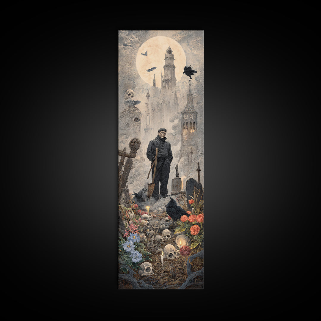 The Graveyard Gardener, Surreal Apocalyptic Art, Tall Narrow Wall Art, Dark Halloween Decor, Canvas Print, Halloween Wall Art