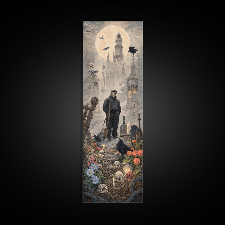 The Graveyard Gardener, Surreal Apocalyptic Art, Tall Narrow Wall Art, Dark Halloween Decor, Canvas Print, Halloween Wall Art