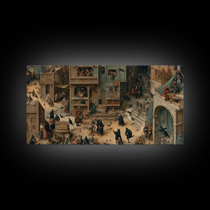 The Crow-Masked Assassin, Northern Renaissance Horror, Wide Panoramic Art, Macabre Wall Art, Framed Canvas Print
