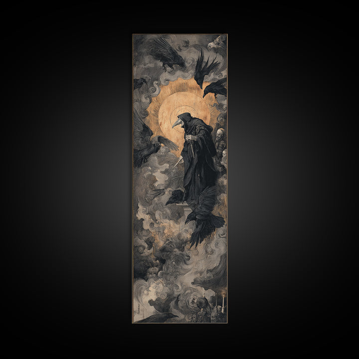 The Crow-Masked Assassin, Dark Renaissance Art, Tall Narrow Wall Art, Dark Halloween Decor, Canvas Print, Halloween Wall Art