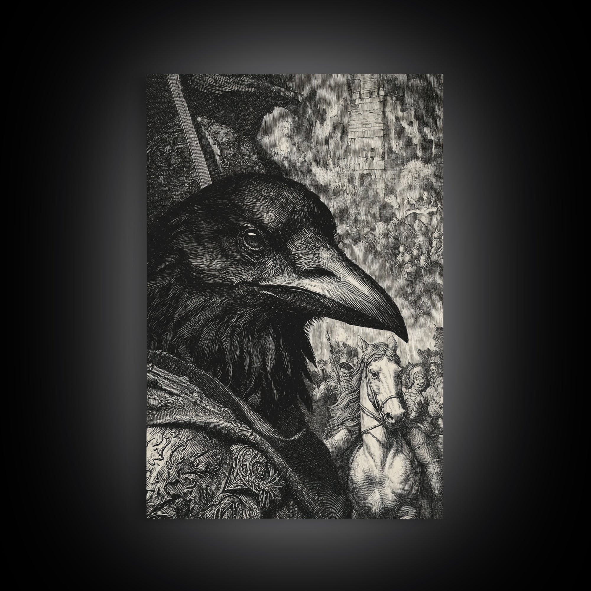 The Crow-Masked Assassin, Renaissance Engraving Art, Vertical Wall Art, Gothic Horror Wall Art, Framed Canvas Print, Halloween Wall Art
