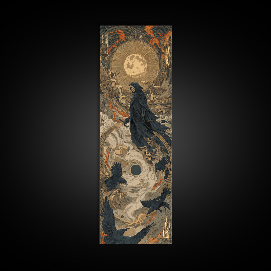 The Crow-Masked Assassin, Visionary Gothic Art, Tall Narrow Wall Art, Dark Halloween Decor, Framed Canvas Print, Halloween Wall Art
