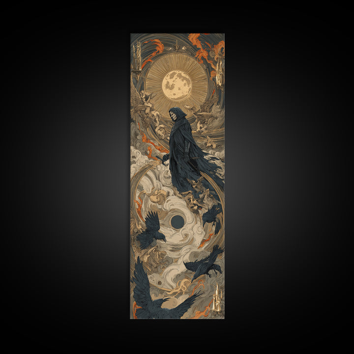 The Crow-Masked Assassin, Visionary Gothic Art, Tall Narrow Wall Art, Dark Halloween Decor, Framed Canvas Print, Halloween Wall Art
