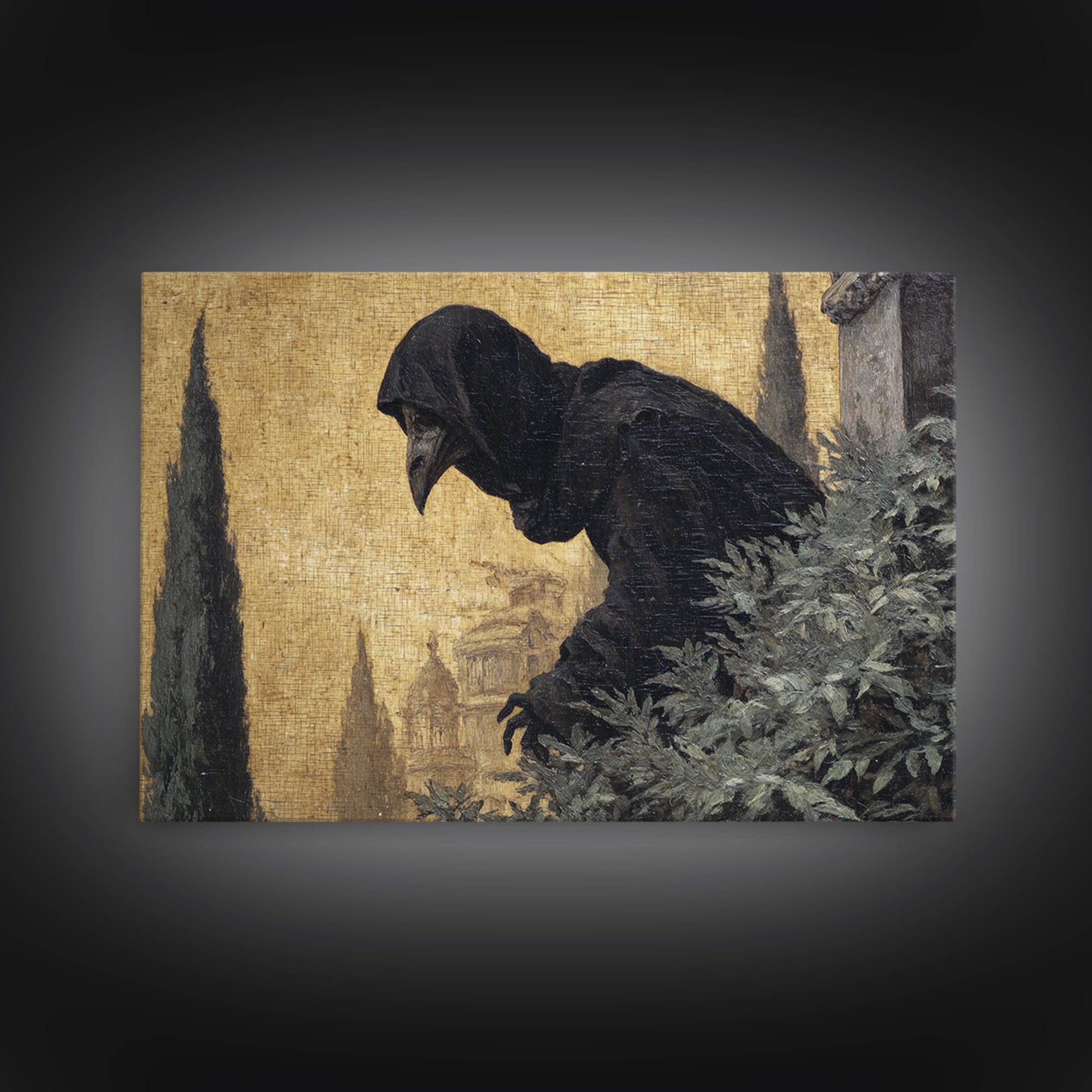 The Crow-Masked Assassin, Symbolist Gothic Landscape, Landscape Wall Art, Dark Halloween Decor, Framed Canvas Print, Halloween Wall Art