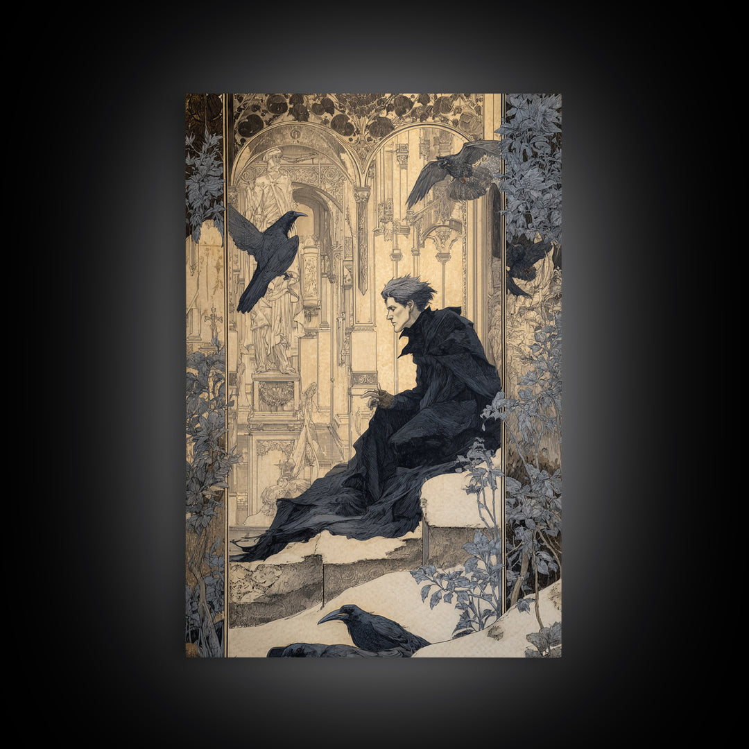 The Crow-Masked Assassin, Symbolist Death Art, Vertical Wall Art, Macabre Wall Art, Framed Canvas Print, Halloween Wall Art