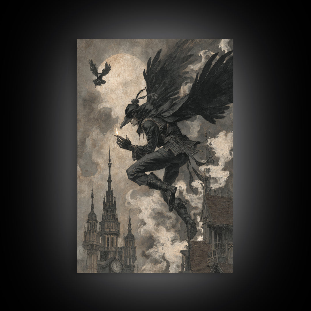 The Crow-Masked Assassin, Dark Symbolist Art, Vertical Wall Art, Macabre Wall Art, Canvas Print, Halloween Wall Art