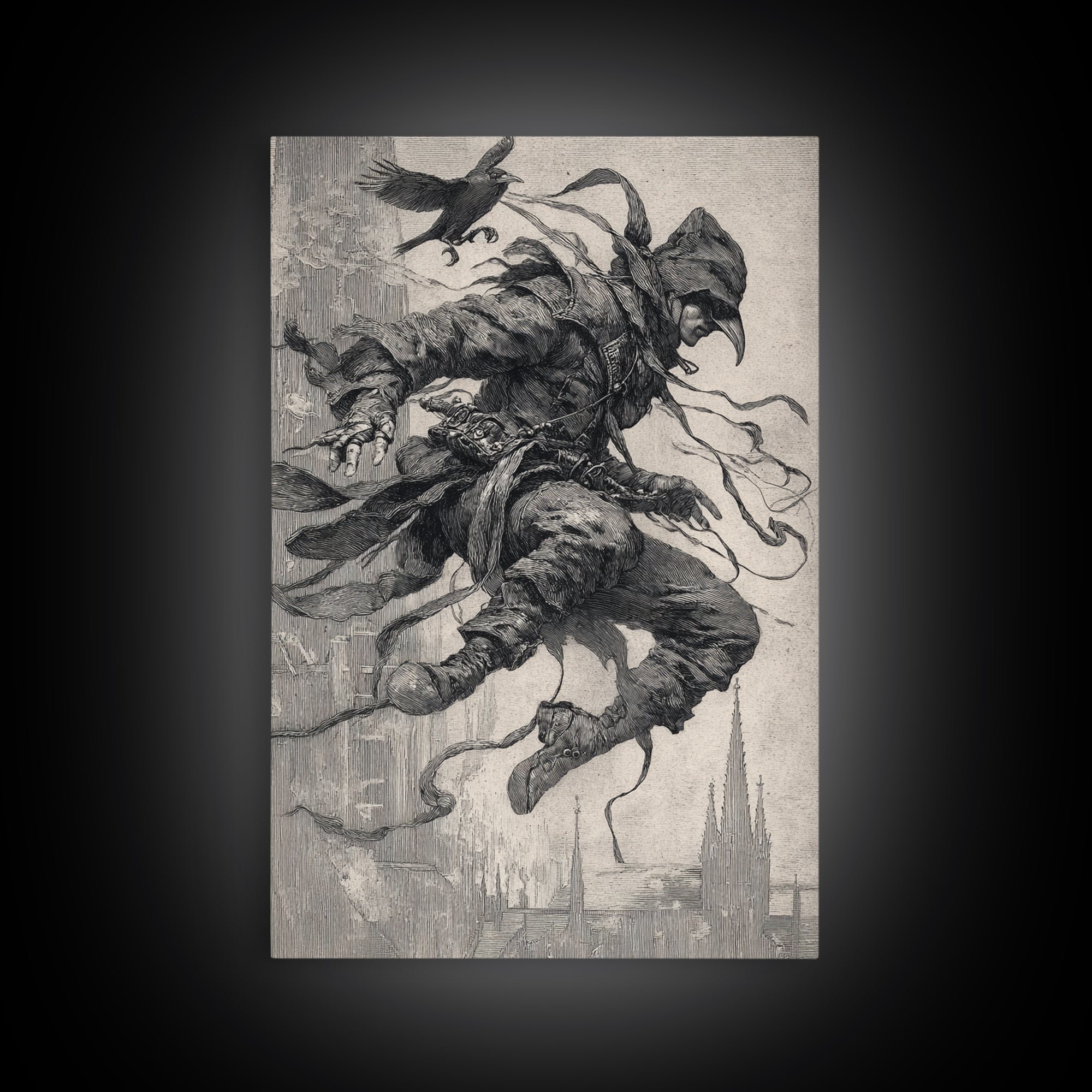 The Crow-Masked Assassin, Symbolist Etching Art, Vertical Wall Art, Dark Halloween Decor, Canvas Print, Halloween Wall Art