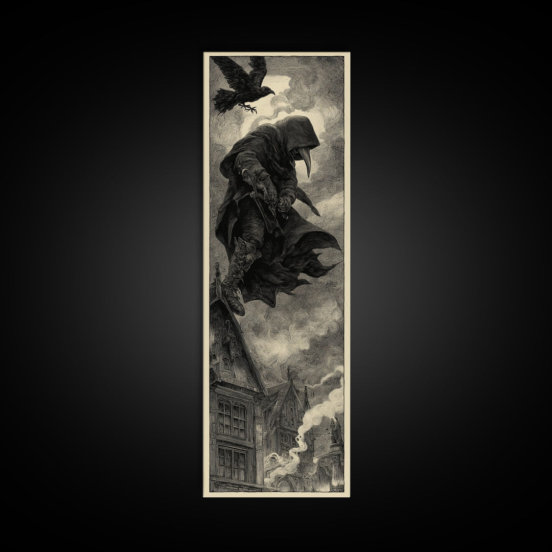 The Crow-Masked Assassin, Expressionist Nightmare Art, Tall Narrow Wall Art, Macabre Wall Art, Framed Canvas Print, Halloween Wall Art