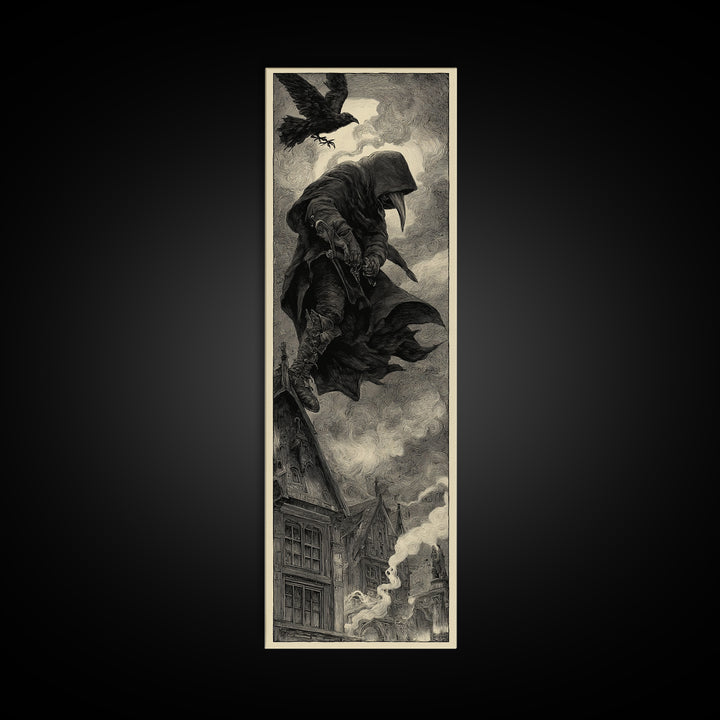 The Crow-Masked Assassin, Expressionist Nightmare Art, Tall Narrow Wall Art, Macabre Wall Art, Framed Canvas Print, Halloween Wall Art