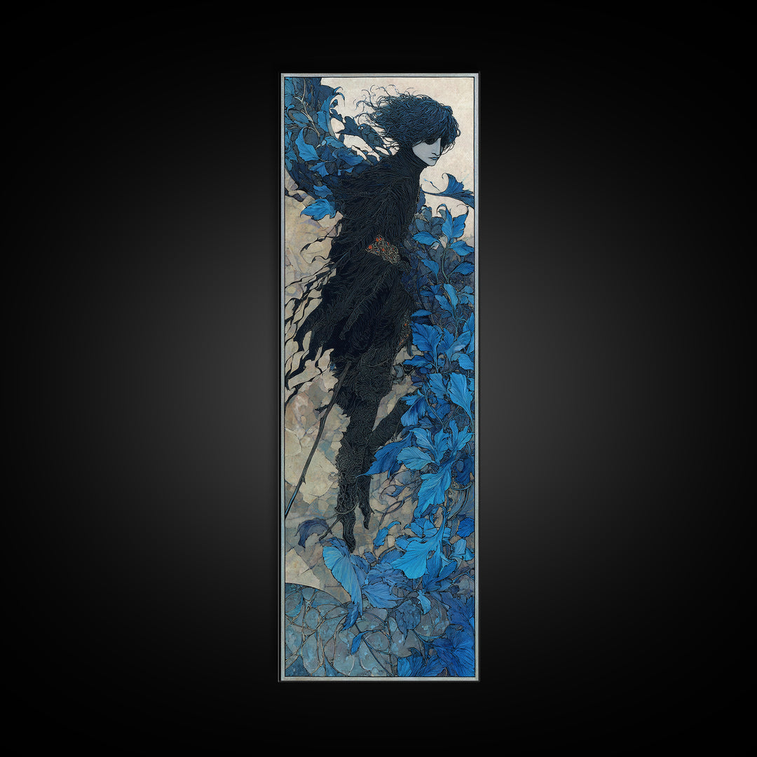 The Crow-Masked Assassin, Stained Glass Gothic Art, Tall Narrow Wall Art, Dark Halloween Decor, Framed Canvas Print, Halloween Wall Art