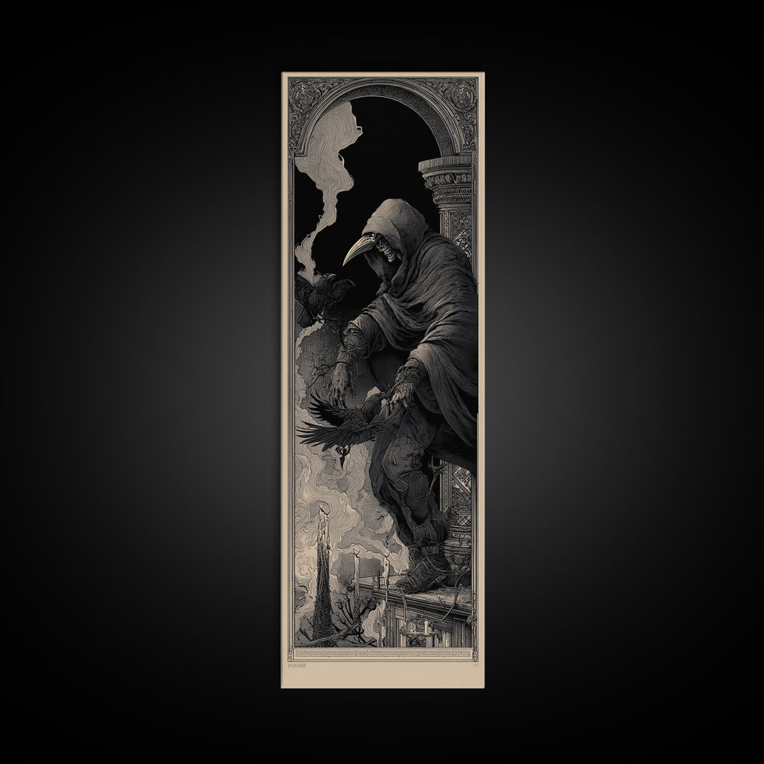 The Crow-Masked Assassin, Biomechanical Horror Art, Tall Narrow Wall Art, Macabre Wall Art, Canvas Print, Halloween Wall Art