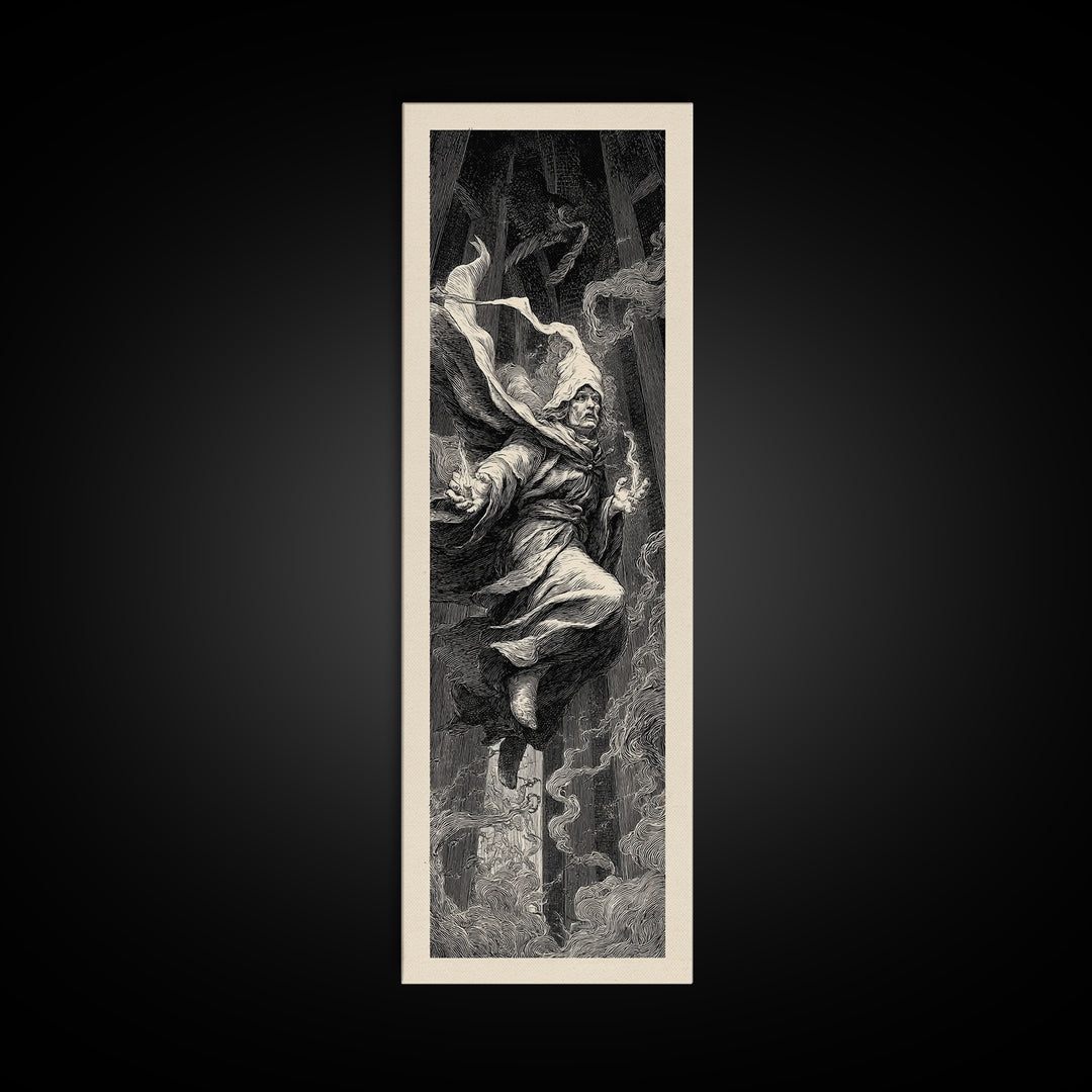 The Lantern Mage, Gothic Engraving Art, Tall Narrow Wall Art, Macabre Wall Art, Framed Canvas Print, Halloween Wall Art