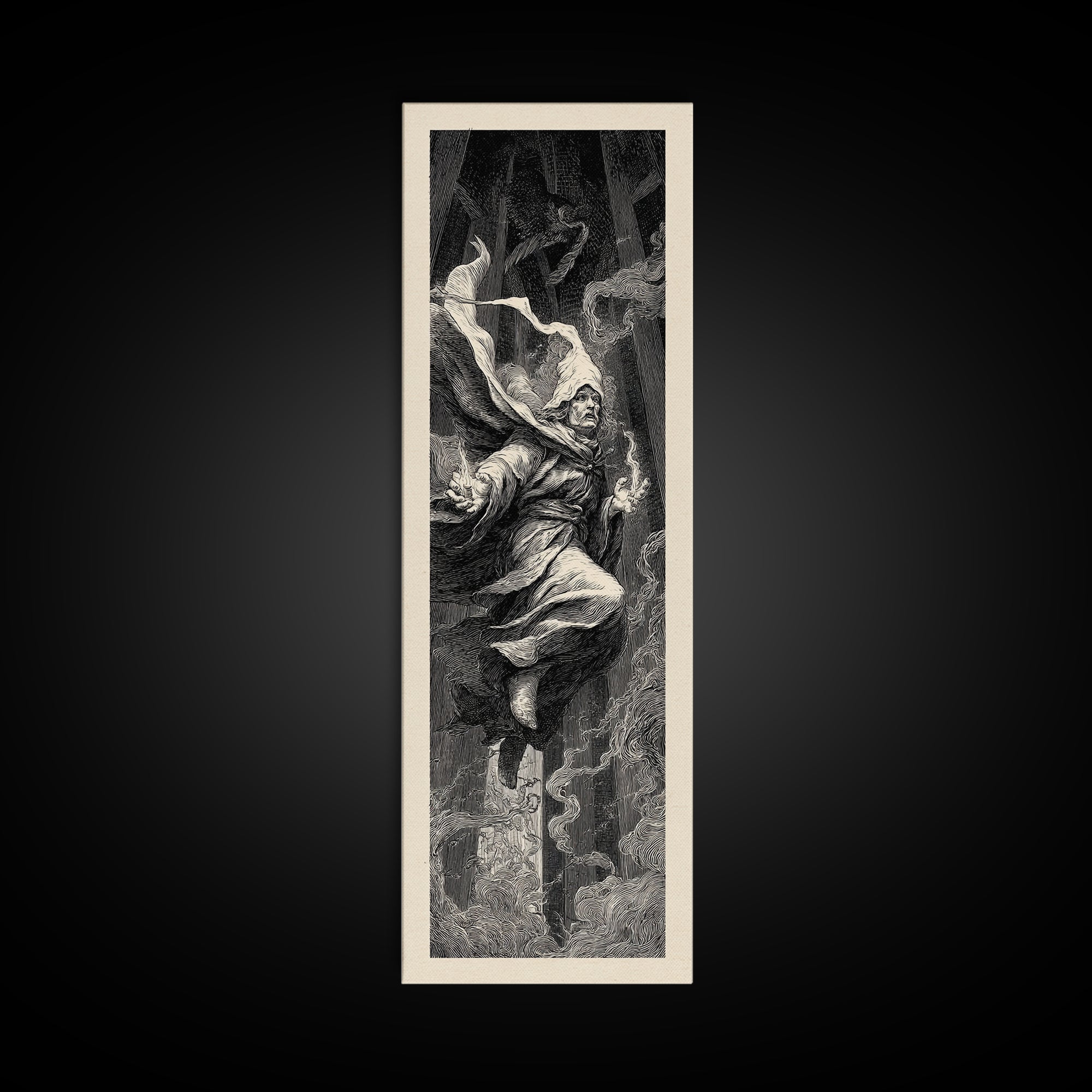 The Lantern Mage, Gothic Engraving Art, Tall Narrow Wall Art, Macabre Wall Art, Framed Canvas Print, Halloween Wall Art