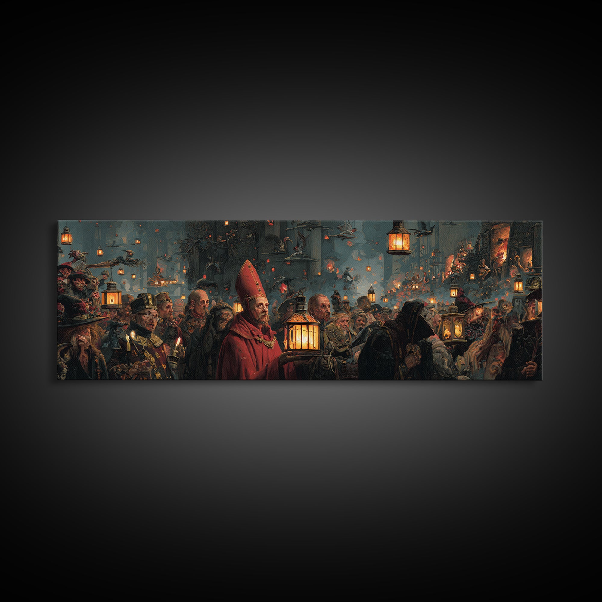 The Lantern Mage, Medieval Grotesque Art, Extra Wide Wall Art, Dark Fantasy Wall Art, Canvas Print, Halloween Wall Art
