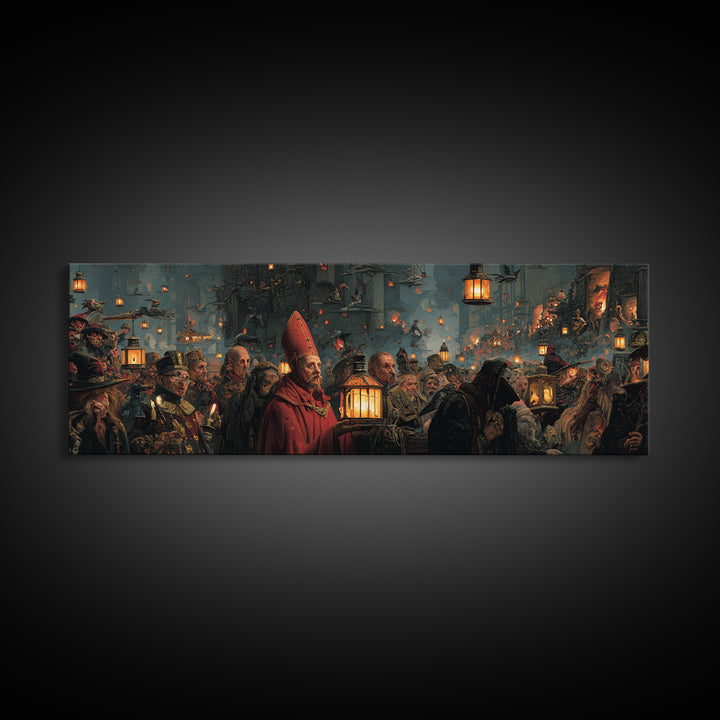 The Lantern Mage, Medieval Grotesque Art, Extra Wide Wall Art, Dark Fantasy Wall Art, Canvas Print, Halloween Wall Art
