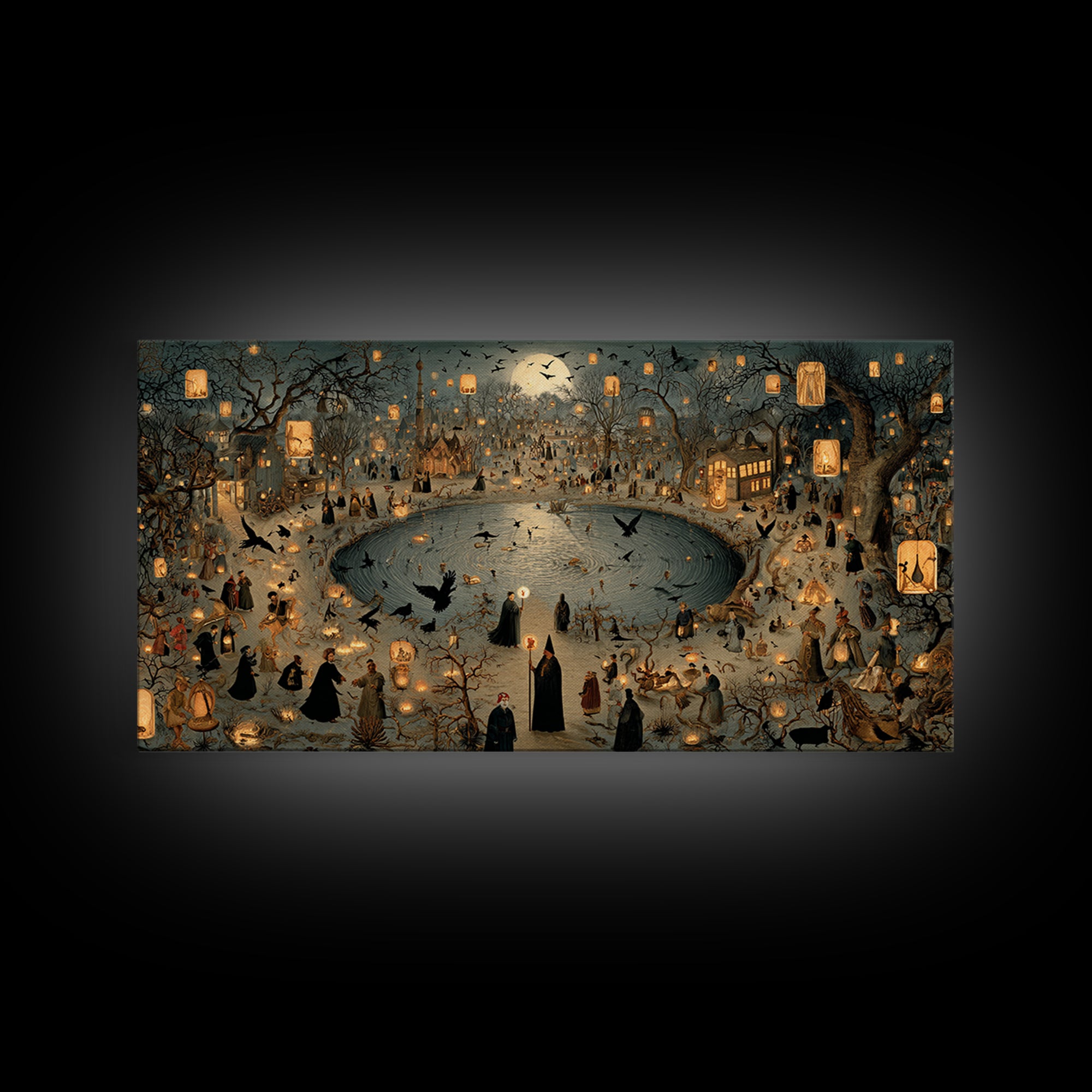 The Lantern Mage, Northern Renaissance Horror, Wide Panoramic Art, Dark Halloween Decor, Canvas Print, Halloween Wall Art