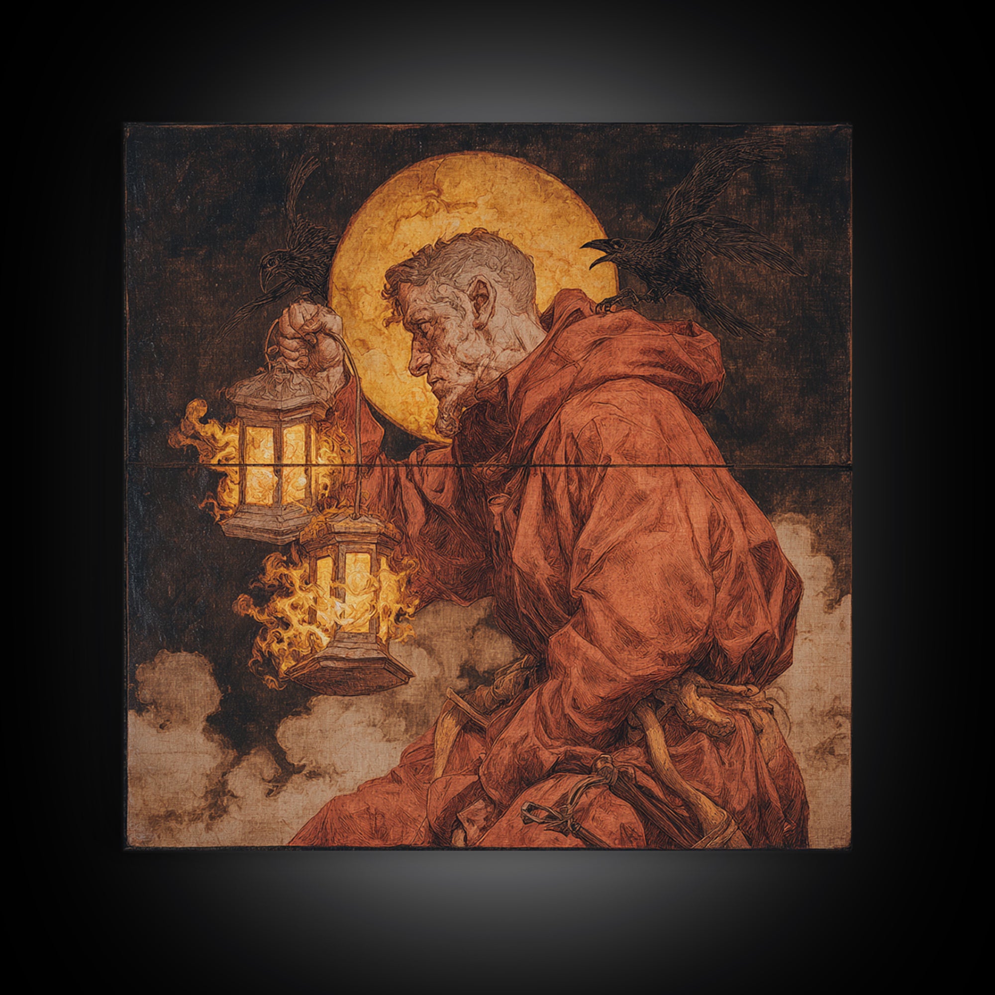 The Lantern Mage, Dark Renaissance Art, Square Wall Art, Gothic Horror Wall Art, Canvas Print, Halloween Wall Art