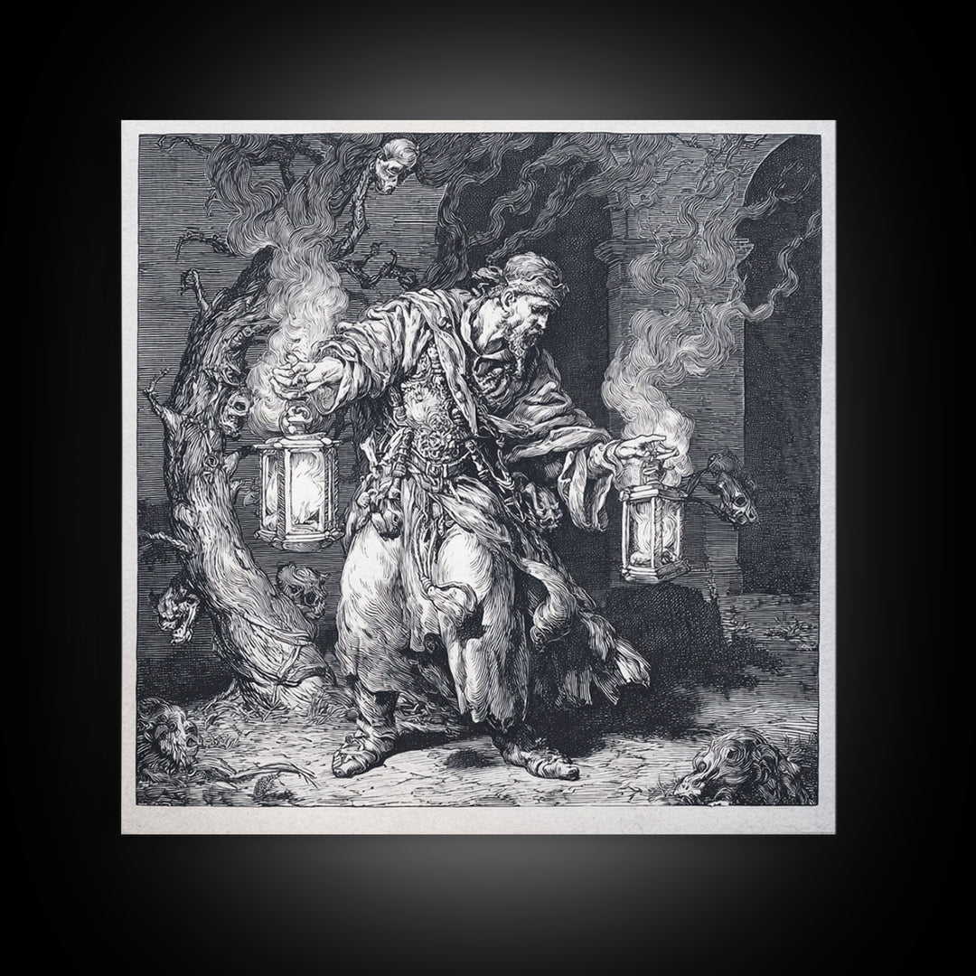 The Lantern Mage, Renaissance Engraving Art, Square Wall Art, Dark Halloween Decor, Canvas Print, Halloween Wall Art