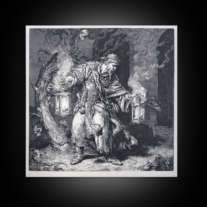 The Lantern Mage, Renaissance Engraving Art, Square Wall Art, Dark Halloween Decor, Canvas Print, Halloween Wall Art