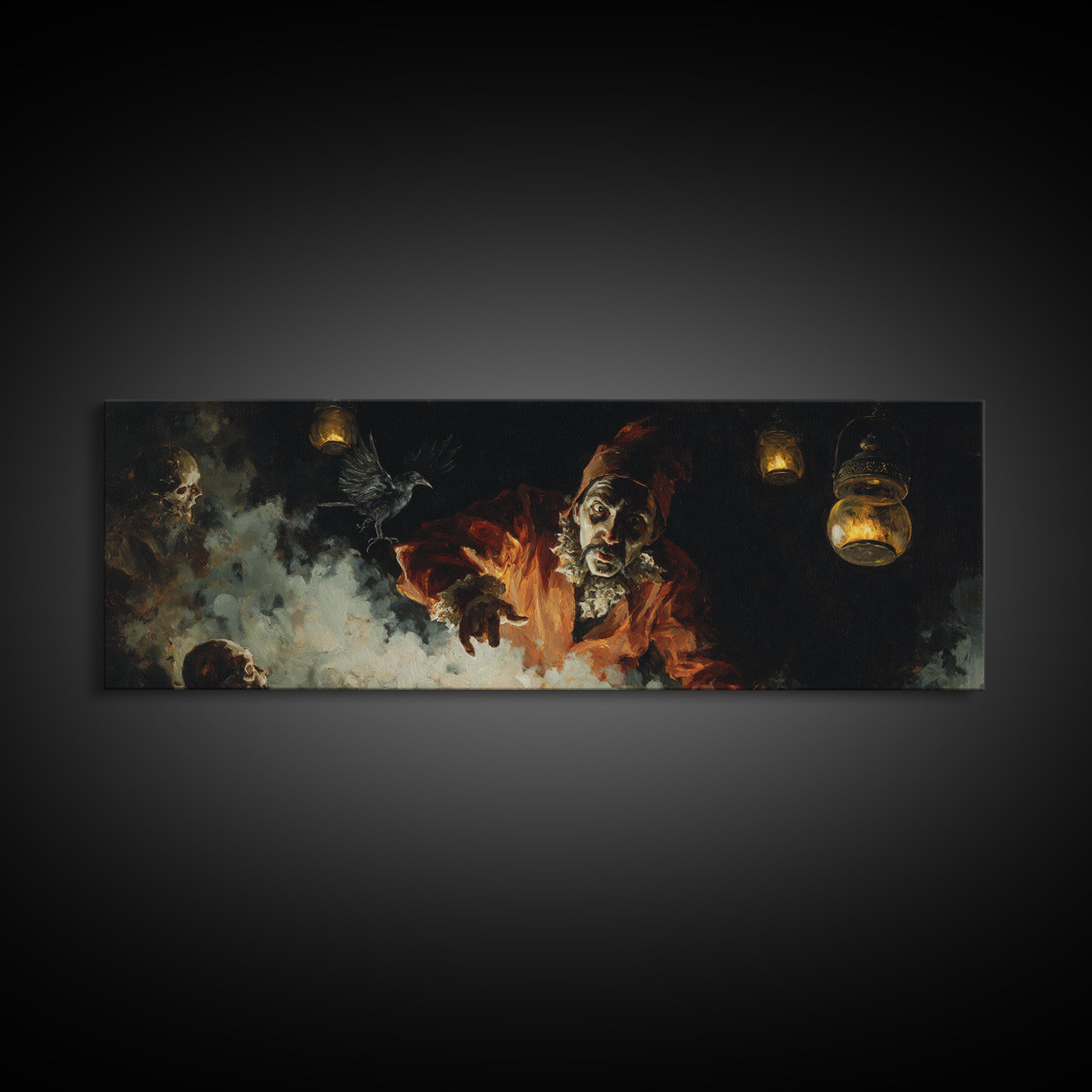 The Lantern Mage, Dark Romantic Horror Art, Extra Wide Wall Art, Gothic Horror Wall Art, Framed Canvas Print, Halloween Wall Art