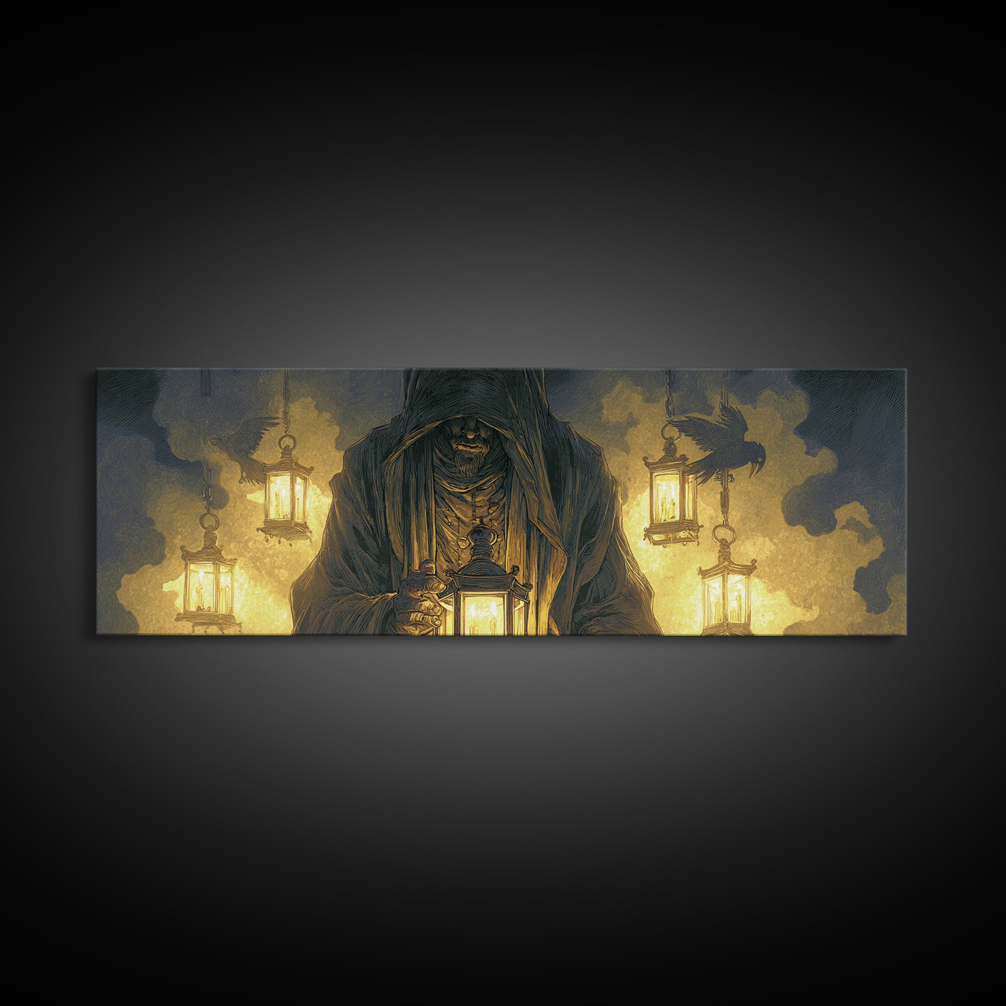 The Lantern Mage, Visionary Gothic Art, Extra Wide Wall Art, Dark Fantasy Wall Art, Framed Canvas Print, Halloween Wall Art