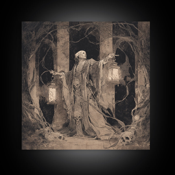 The Lantern Mage, Decadent Gothic Art, Square Wall Art, Macabre Wall Art, Canvas Print, Halloween Wall Art, Seasonal Home Decor