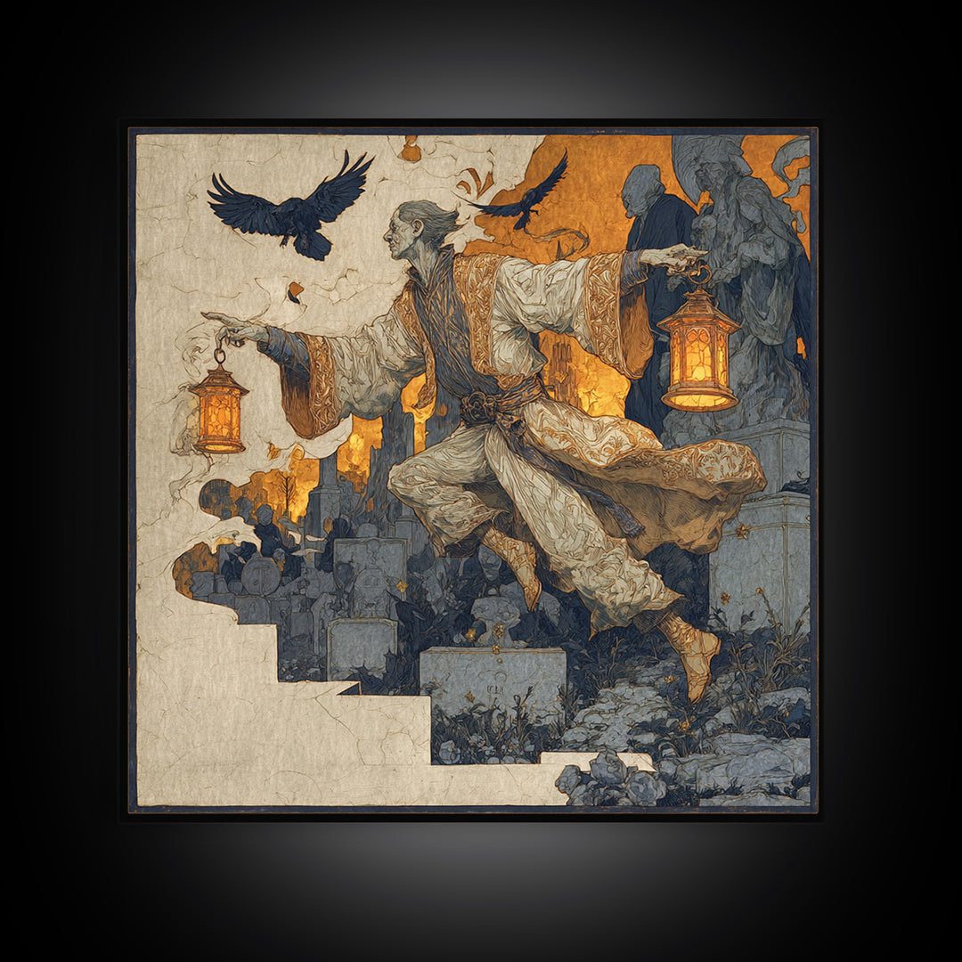 The Lantern Mage, Symbolist Death Art, Square Wall Art, Macabre Wall Art, Framed Canvas Print, Halloween Wall Art, Halloween Decor